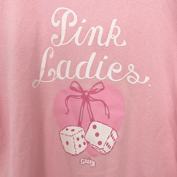NWOT Grease Pink Ladies Fuzzy Dice Heart T-Shirt Large - Picture 3 of 6